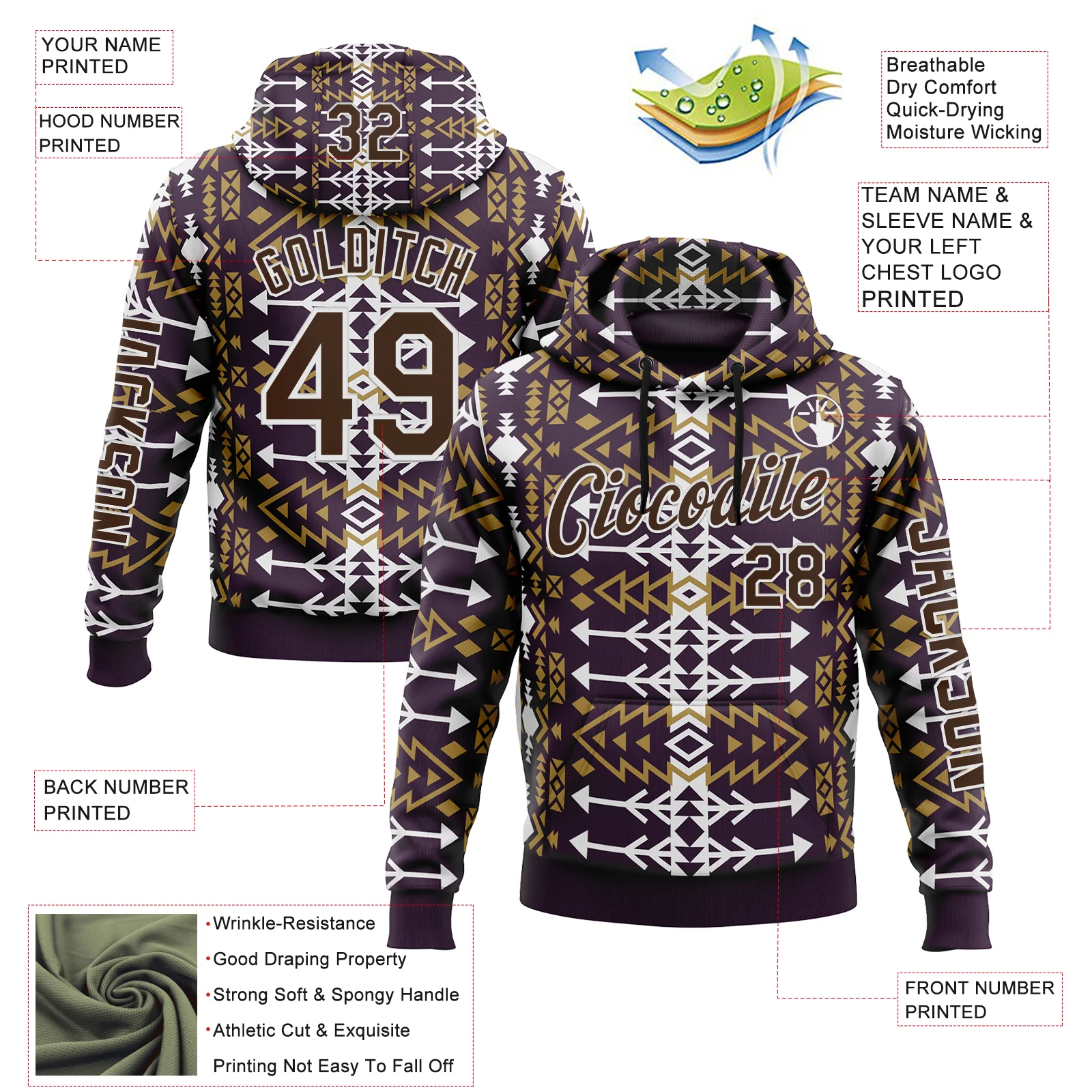 Custom Purple Brown-White 3D Pattern Design Western Cowboy Tribal Ethnic Sports Pullover Sweatshirt Hoodie - Image 2