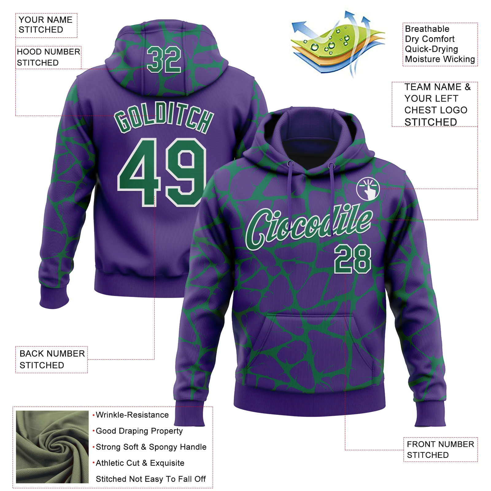 Custom Stitched Purple Kelly Green-White Abstract Network Pattern Sports Pullover Sweatshirt Hoodie - Image 4