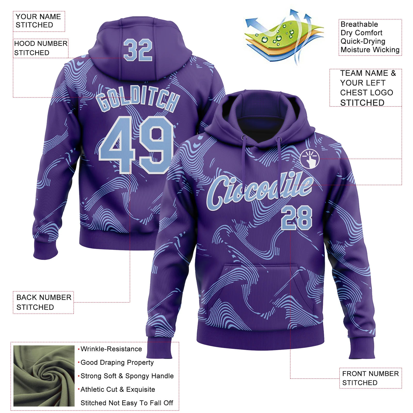 Custom Stitched Purple Light Blue-White Curve Lines Sports Pullover Sweatshirt Hoodie - Image 4