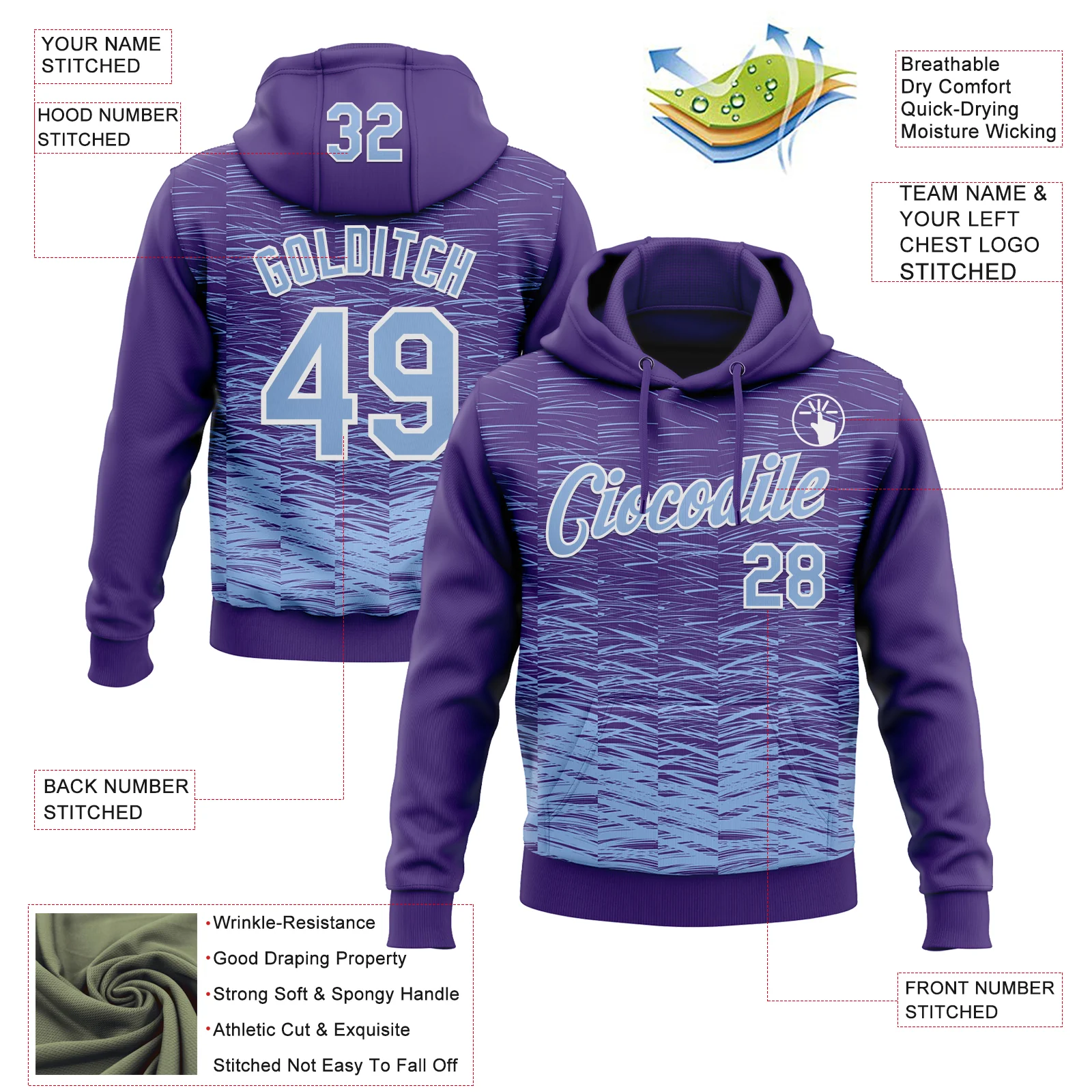 Custom Stitched Purple Light Blue-White Line Sports Pullover Sweatshirt Hoodie - Image 4