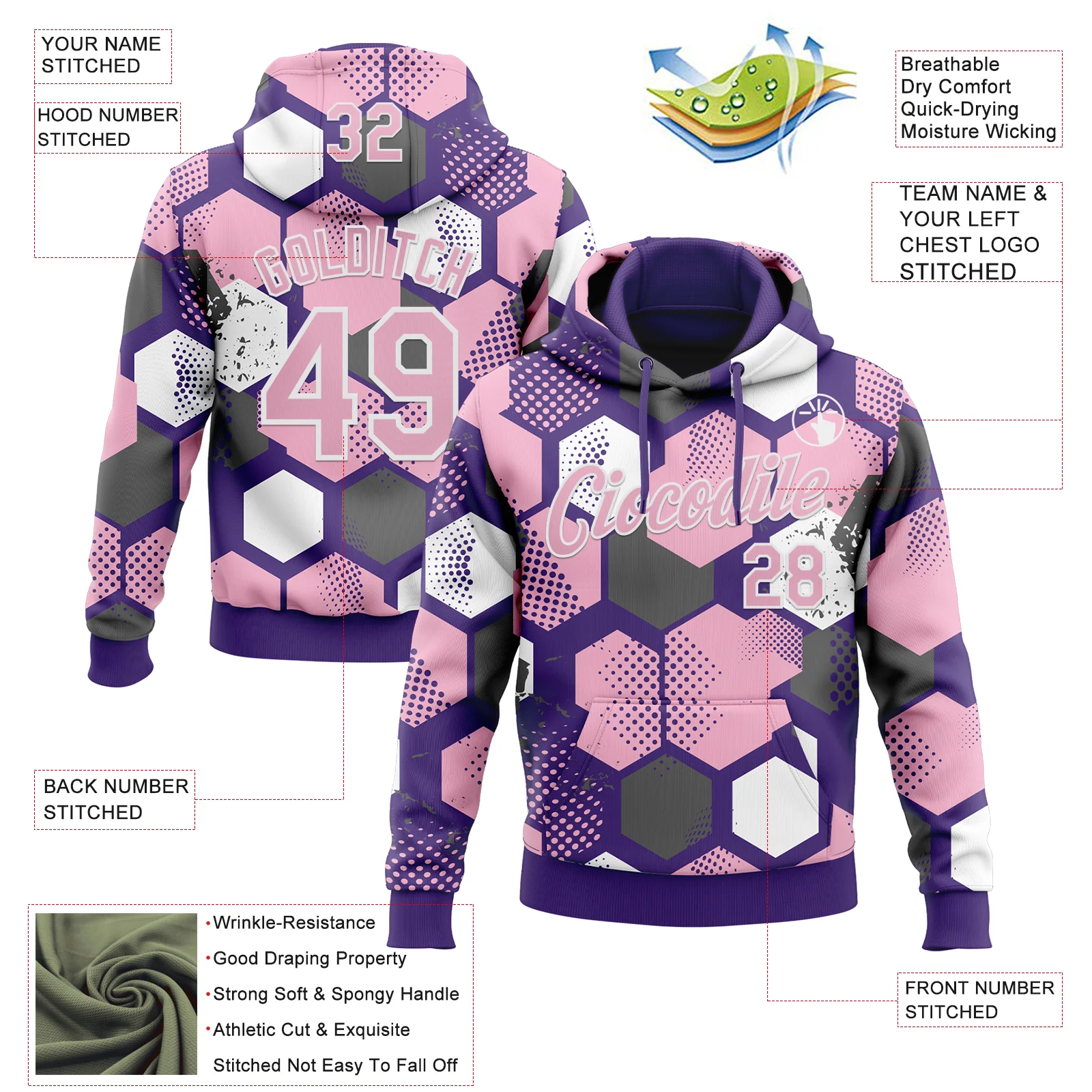 Custom Stitched Purple Light Pink-White Geometric Shape Pattern Sports Pullover Sweatshirt Hoodie - Image 4