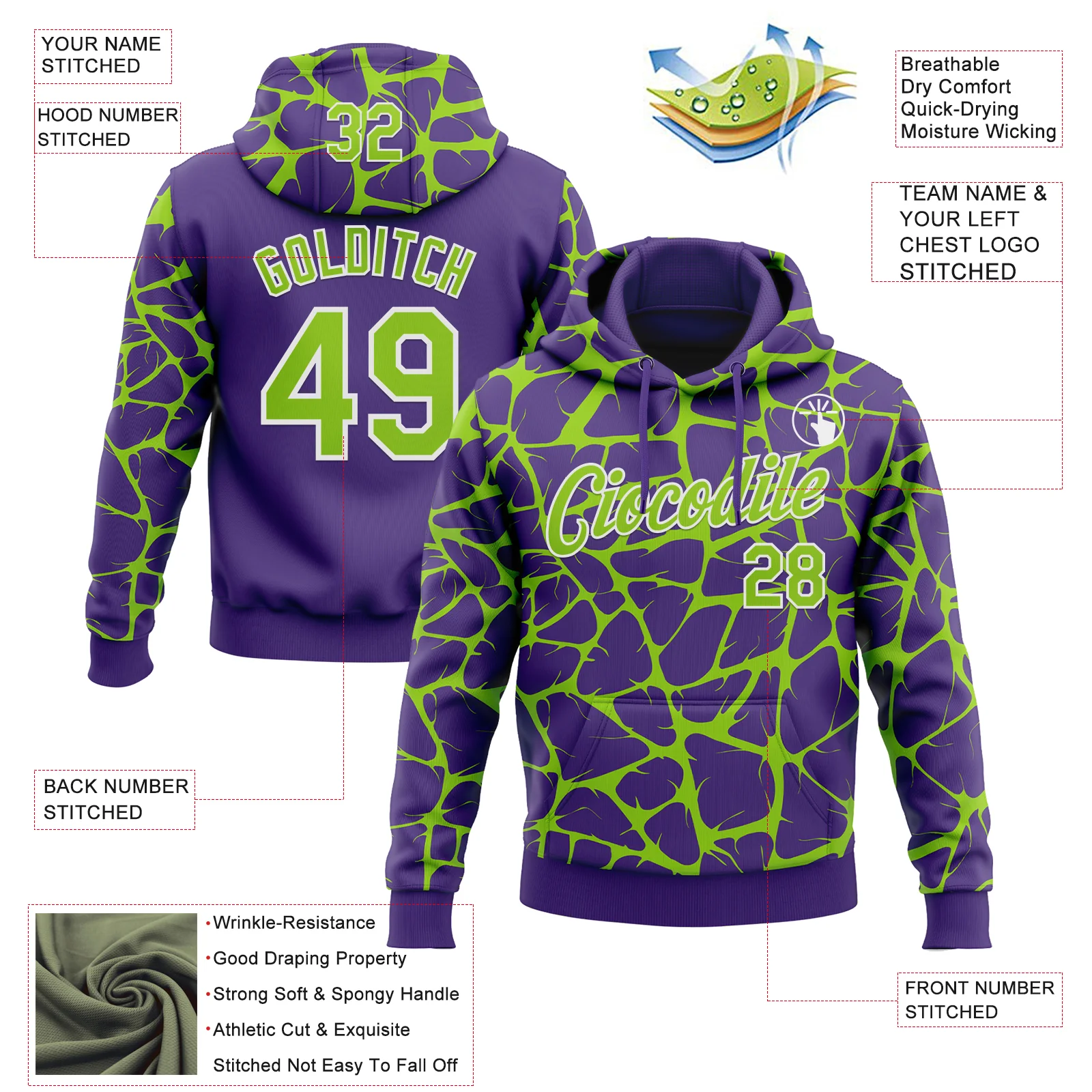 Custom Stitched Purple Neon Green-White Abstract Network Pattern Sports Pullover Sweatshirt Hoodie - Image 4