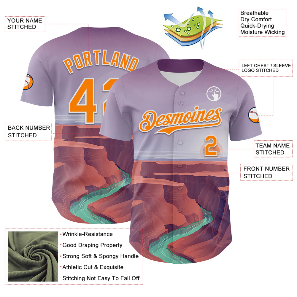 Custom Purple Bay Orange-White 3D Pattern Design Patriotic American Symbol Grand Canyon And Colorado River Authentic Baseball Jersey - Image 3