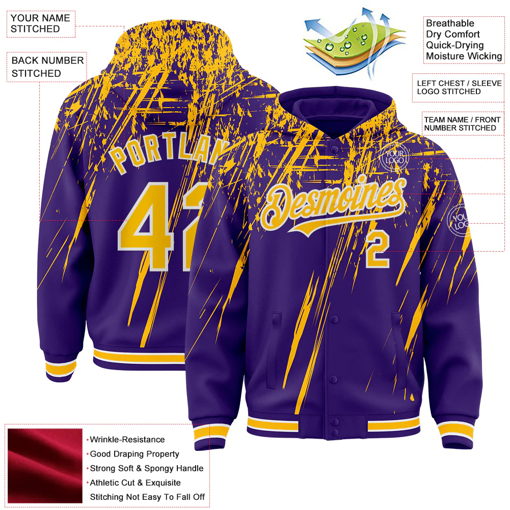 Custom Purple Gold-White Splash Bomber Full-Snap Varsity Letterman Hoodie Jacket - Image 4