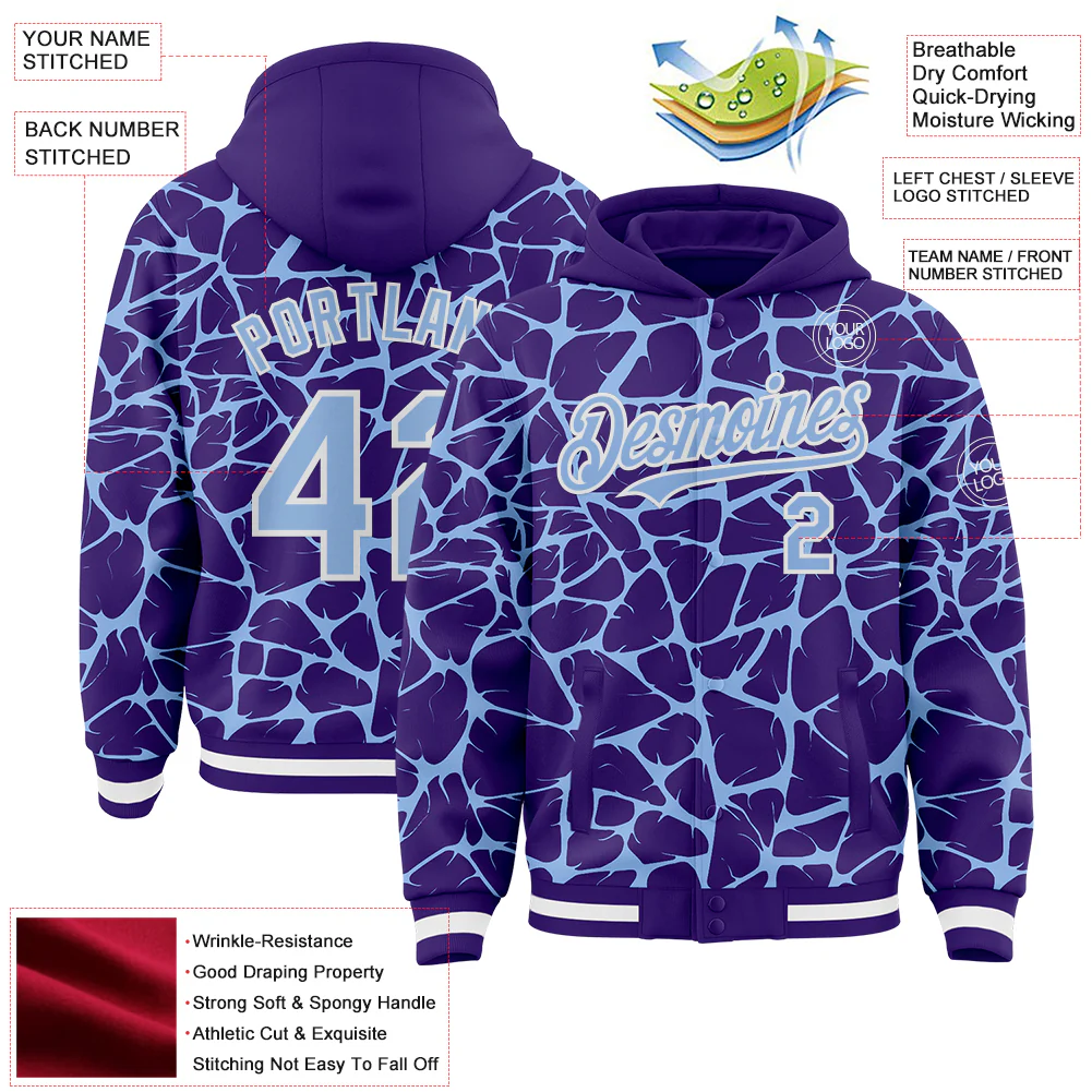 Custom Purple Light Blue-White Abstract Network Bomber Full-Snap Varsity Letterman Hoodie Jacket - Image 4