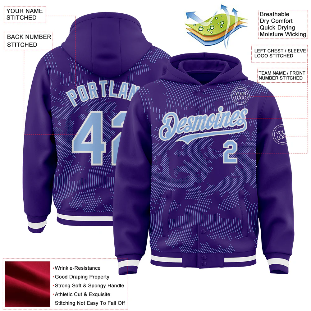 Custom Purple Light Blue-White Curve Lines Bomber Full-Snap Varsity Letterman Hoodie Jacket - Image 4