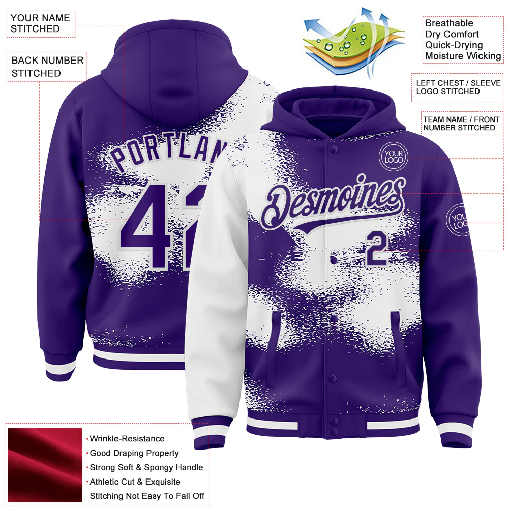 Custom Purple White Abstract Color Blocks Fragment Pattern Bomber Full-Snap Varsity Letterman Hoodie Jacket - Image 4