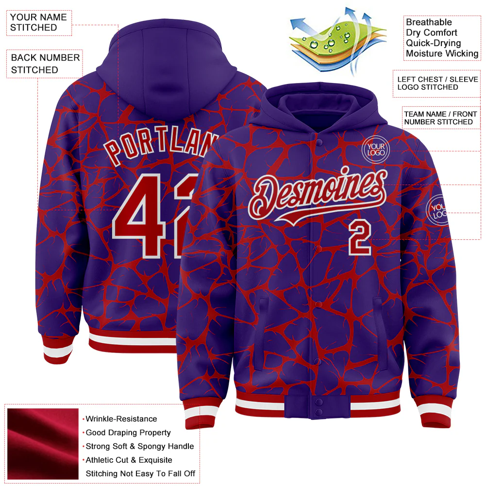 Custom Purple Red-White Abstract Network Bomber Full-Snap Varsity Letterman Hoodie Jacket - Image 4