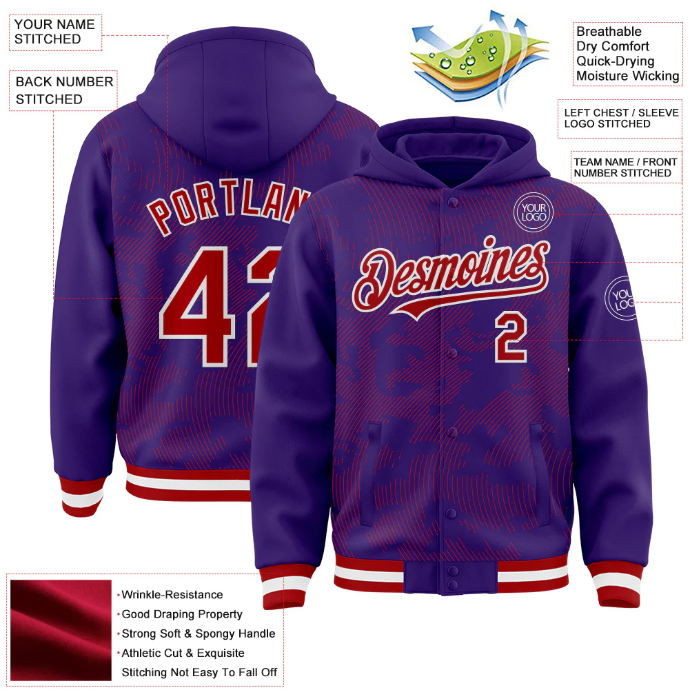 Custom Purple Red-White Curve Lines Bomber Full-Snap Varsity Letterman Hoodie Jacket - Image 4