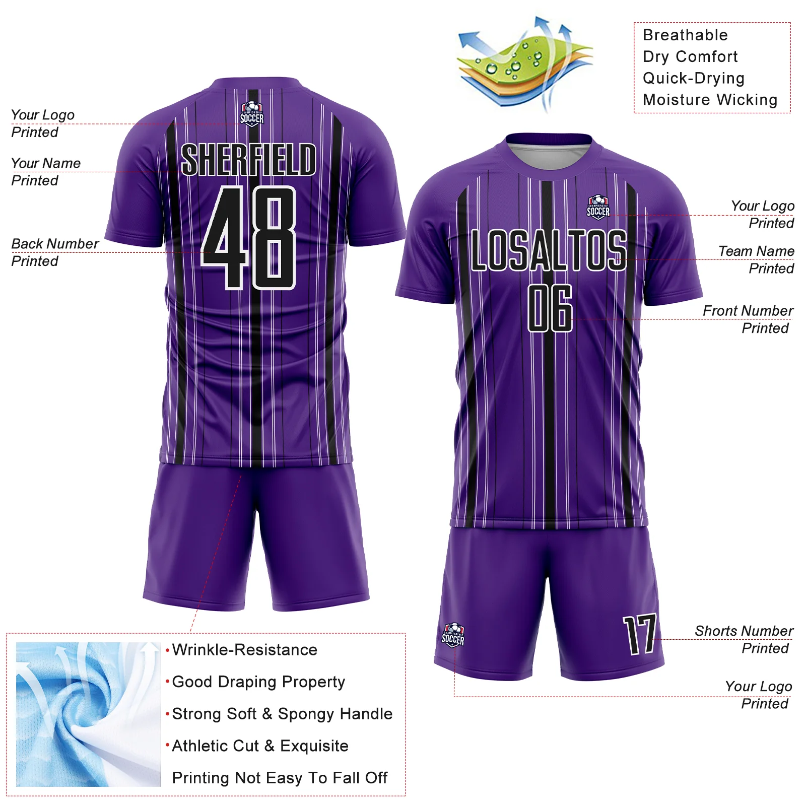 Custom Purple Black-White Stripe Sublimation Soccer Uniform Jersey - Image 4