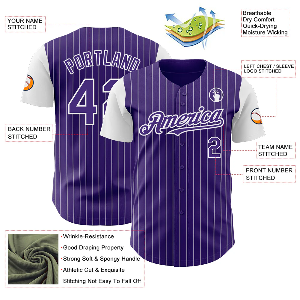 Custom Purple White Pinstripe White Authentic Two Tone Baseball Jersey - Image 3
