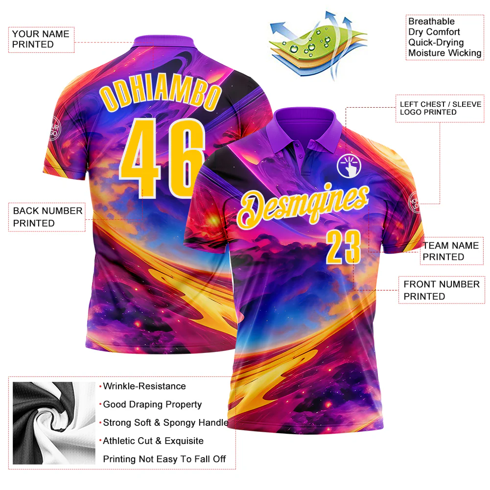 Custom Purple Yellow-White 3D Bowling Colorful Space Performance Polo Shirt - Image 3