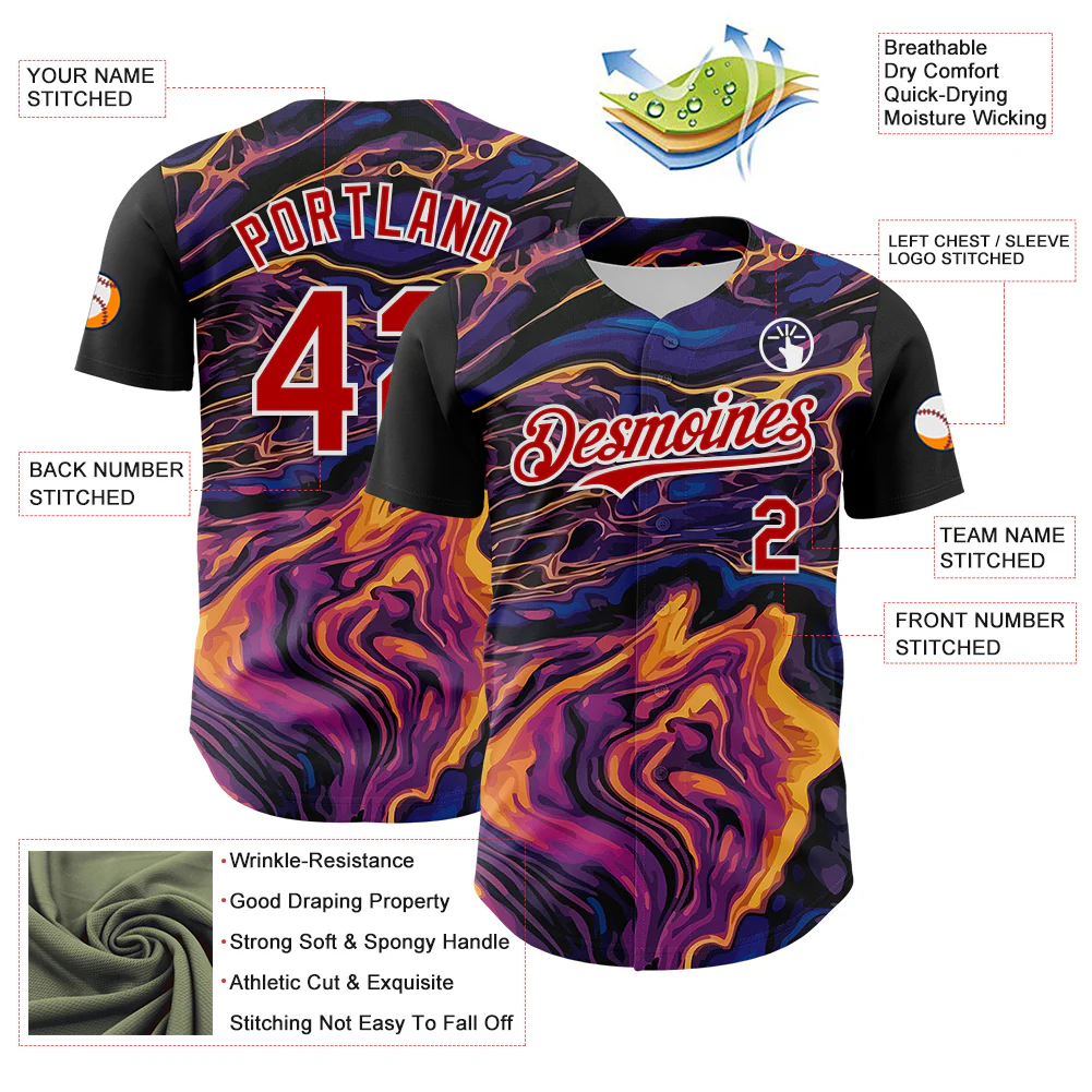 Custom Purple Red-White 3D Pattern Design Burner Costumes Lava Authentic Baseball Jersey - Image 3