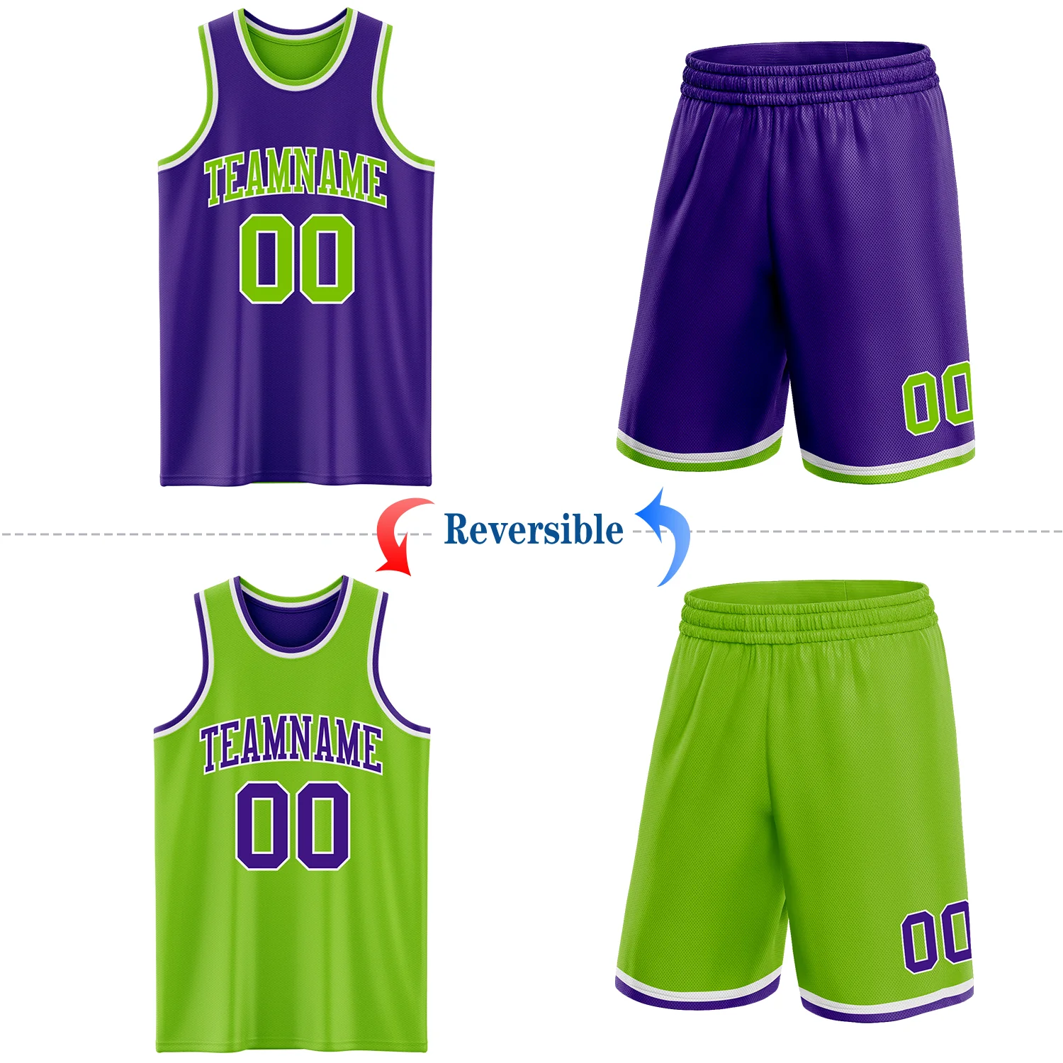 Custom Purple Neon Green-White Reversible Double Side Sublimation Basketball Suit Jersey - Image 2
