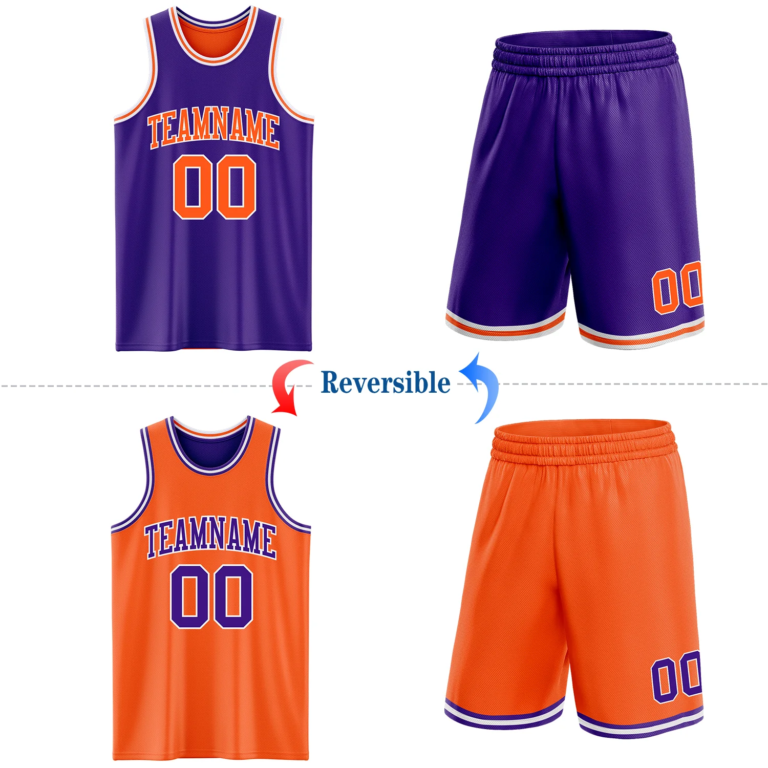 Custom Purple Orange-White Reversible Double Side Sublimation Basketball Suit Jersey - Image 2