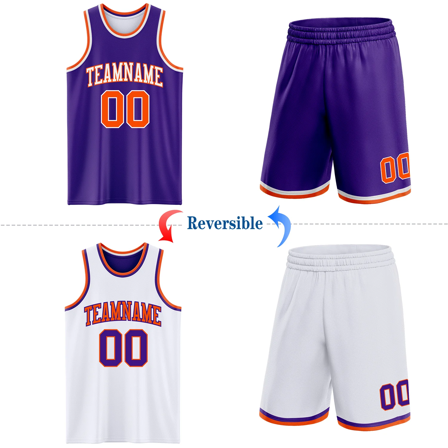 Custom Purple Orange-White Reversible Double Side Sublimation Basketball Suit Jersey - Image 2