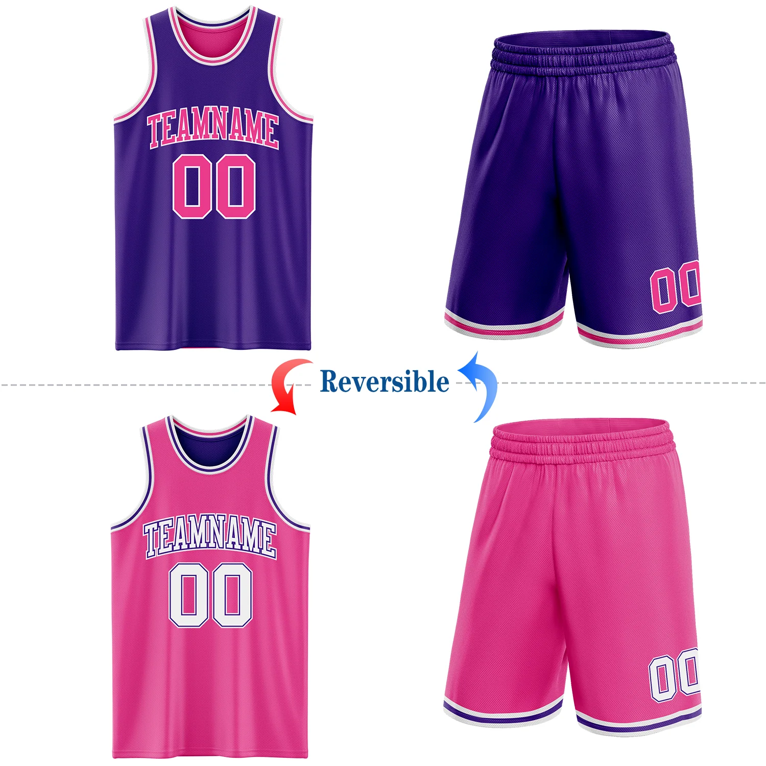 Custom Purple Pink-White Reversible Double Side Sublimation Basketball Suit Jersey - Image 2