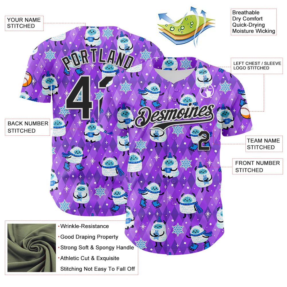 Custom Purple Black-White 3D Emi Bee Yetis In Snow Authentic Baseball Jersey - Image 3