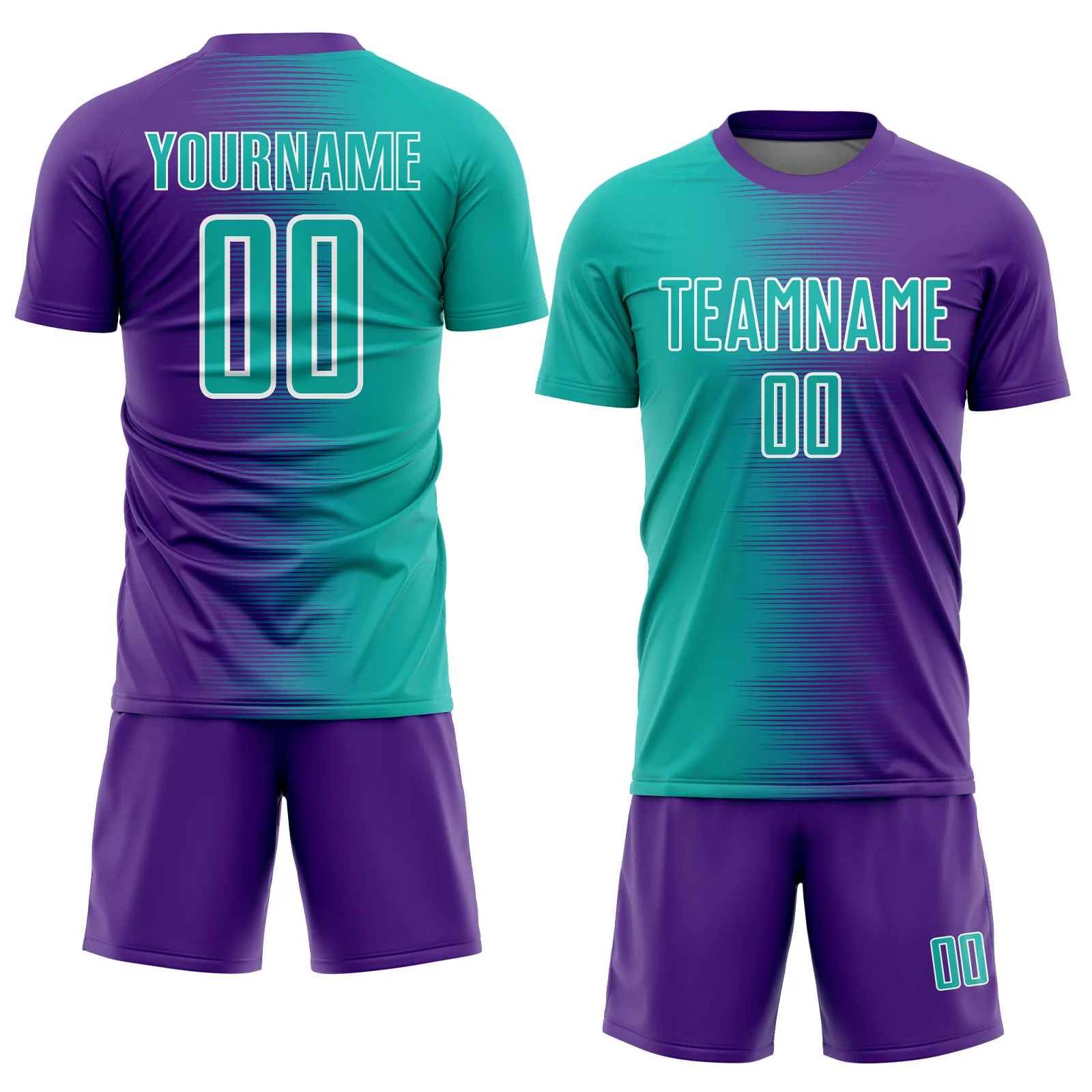 Custom Purple Aqua-White Gradient Line Sublimation Soccer Uniform Jersey - Image 2