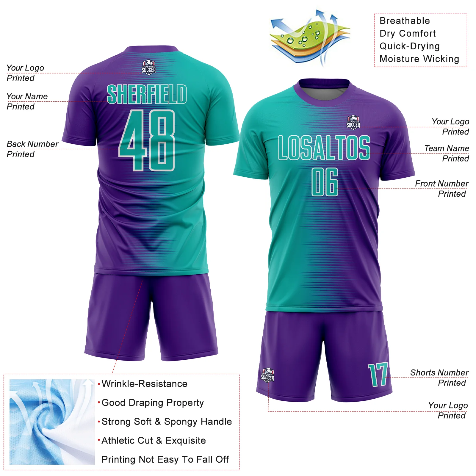 Custom Purple Aqua-White Gradient Line Sublimation Soccer Uniform Jersey - Image 4