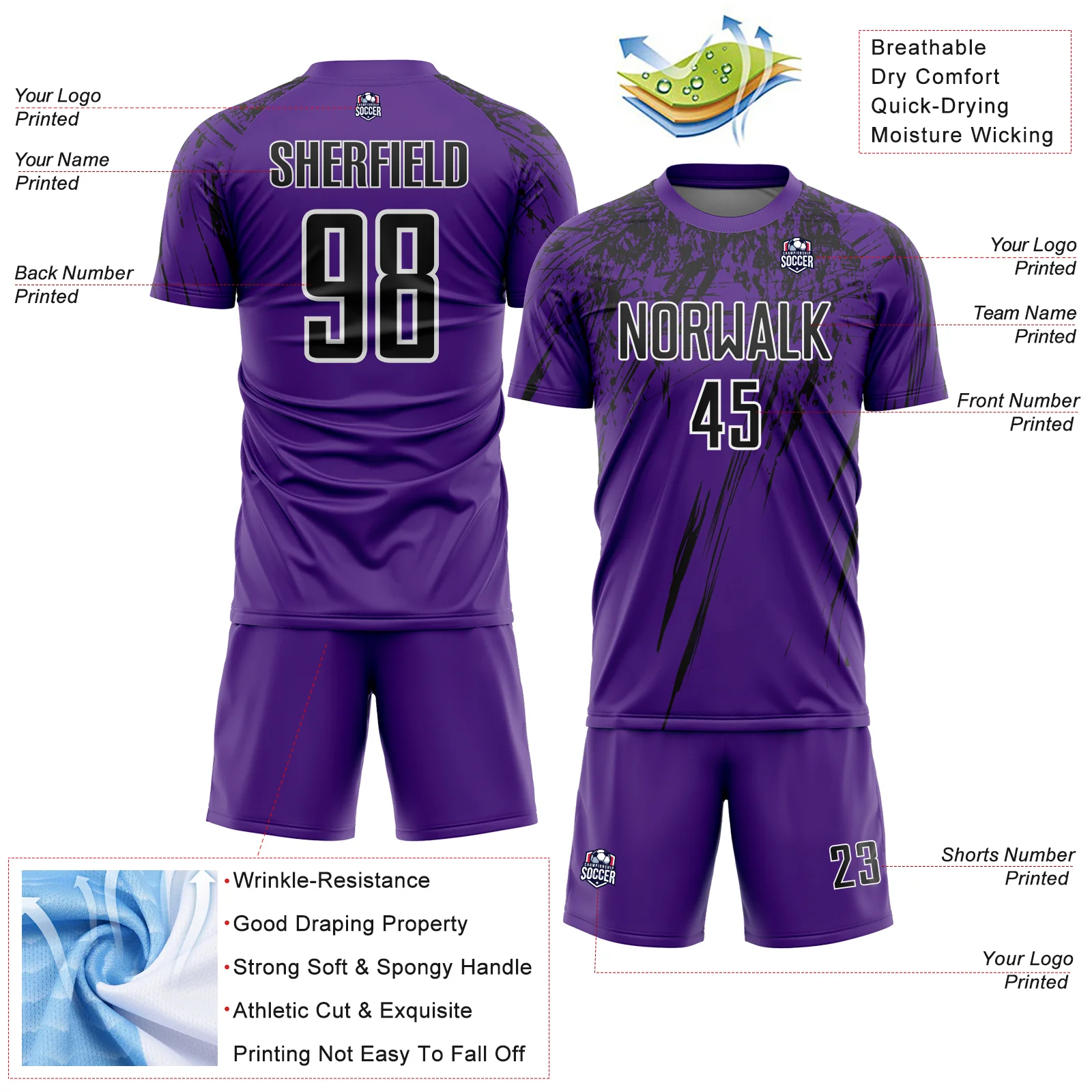 Custom Purple Black-White Splash Sports Sublimation Soccer Uniform Jersey - Image 4