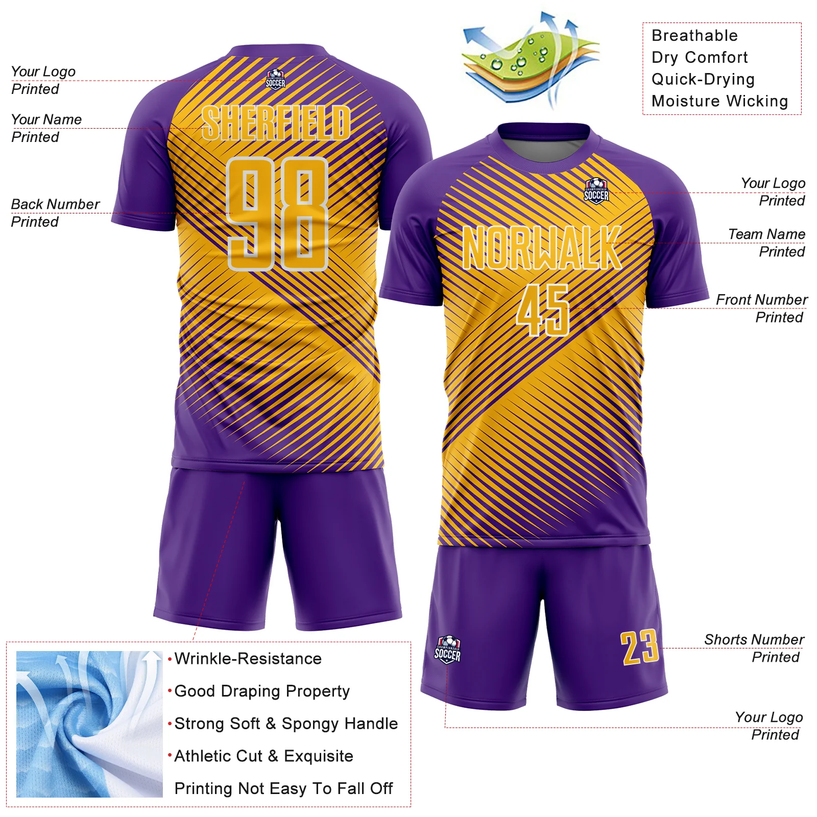 Custom Purple Gold-White Line Sublimation Soccer Uniform Jersey - Image 4