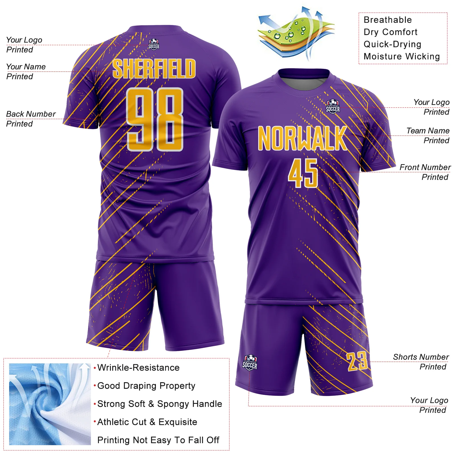 Custom Purple Gold-White Lines Sports Sublimation Soccer Uniform Jersey - Image 4