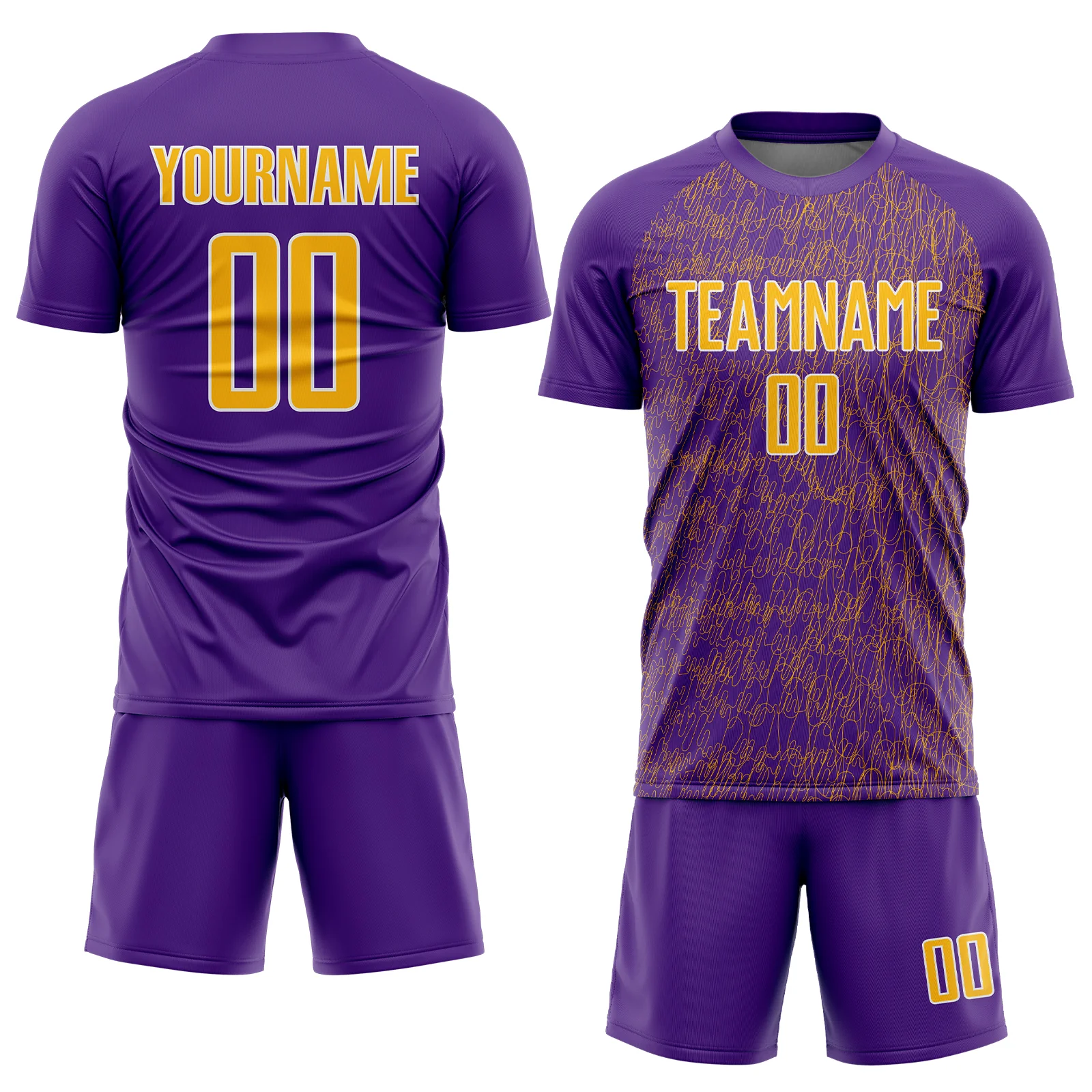 Custom Purple Gold-White Abstract Scribble Curve Line Pattern Sports Sublimation Soccer Uniform Jersey - Image 2
