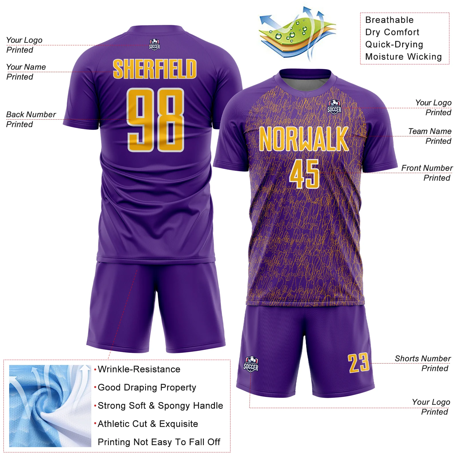 Custom Purple Gold-White Abstract Scribble Curve Line Pattern Sports Sublimation Soccer Uniform Jersey - Image 4