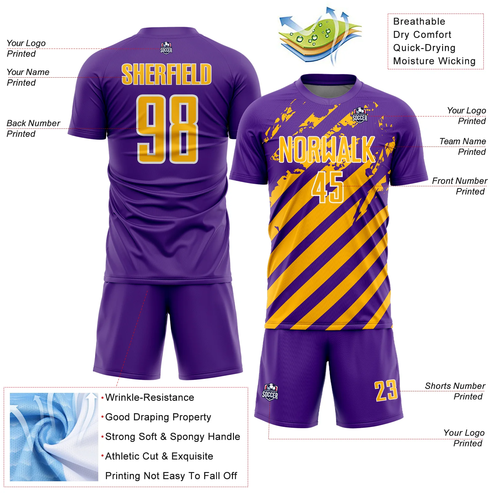 Custom Purple Gold-White Distressed Diagonal Stripe Pattern Sports Sublimation Soccer Uniform Jersey - Image 4