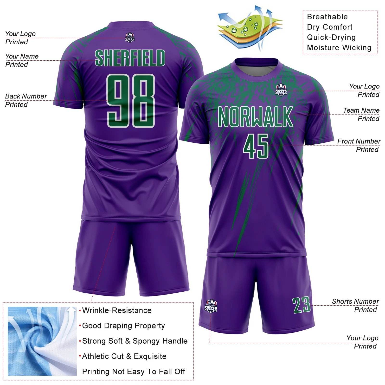 Custom Purple Kelly Green-White Splash Sports Sublimation Soccer Uniform Jersey - Image 4