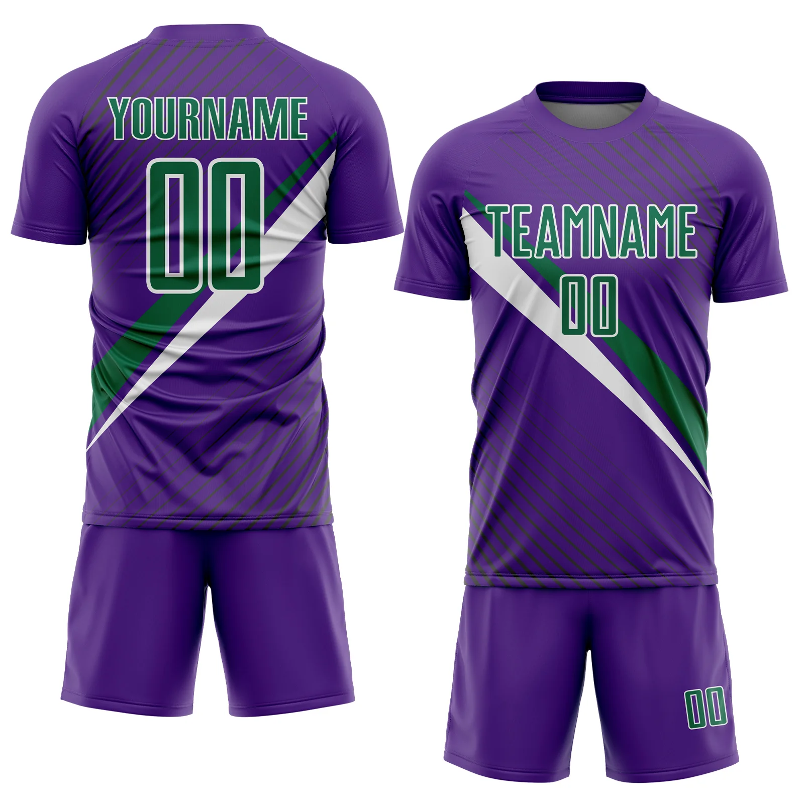 Custom Purple Kelly Green-White Diagonal Stripes Sports Sublimation Soccer Uniform Jersey - Image 2