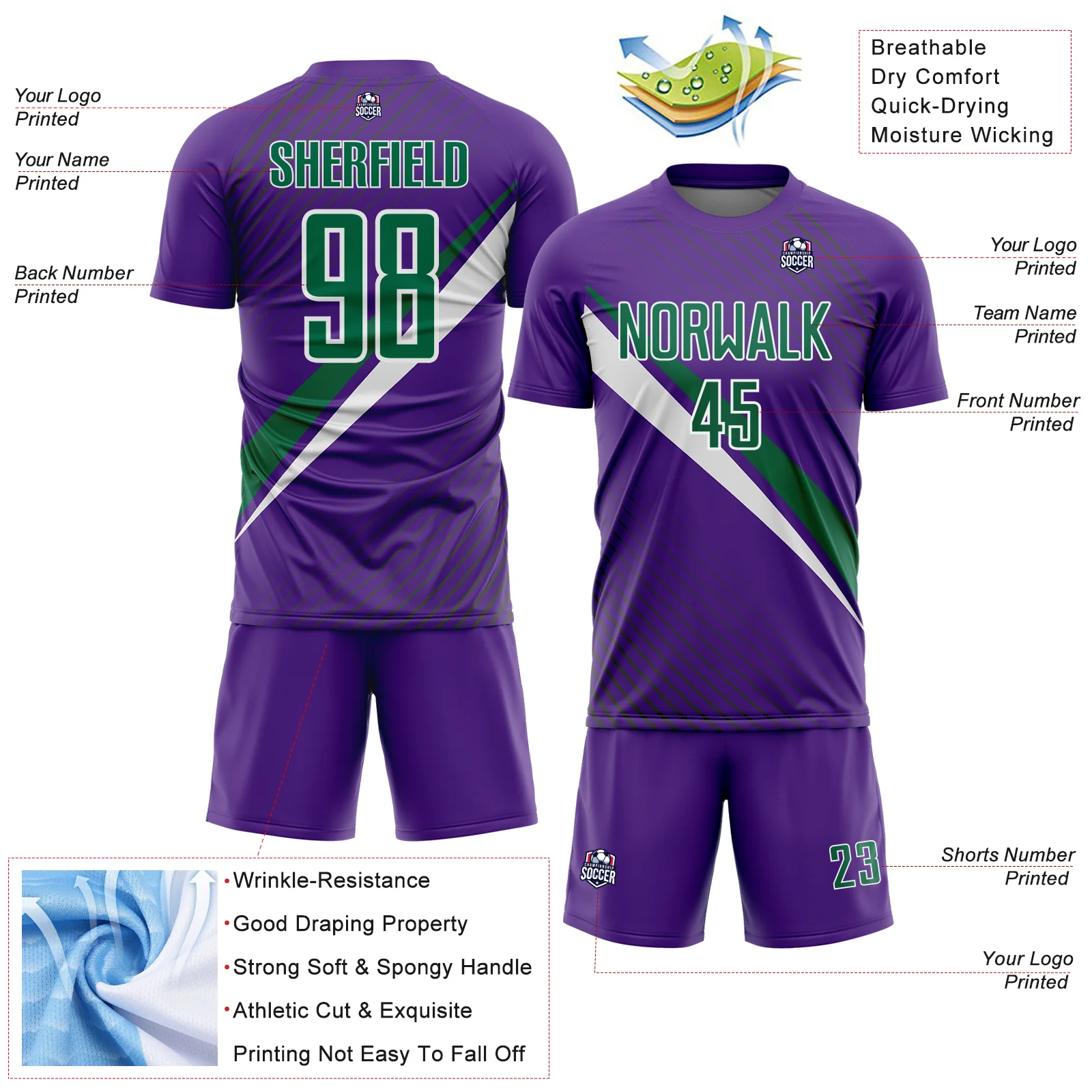 Custom Purple Kelly Green-White Diagonal Stripes Sports Sublimation Soccer Uniform Jersey - Image 4