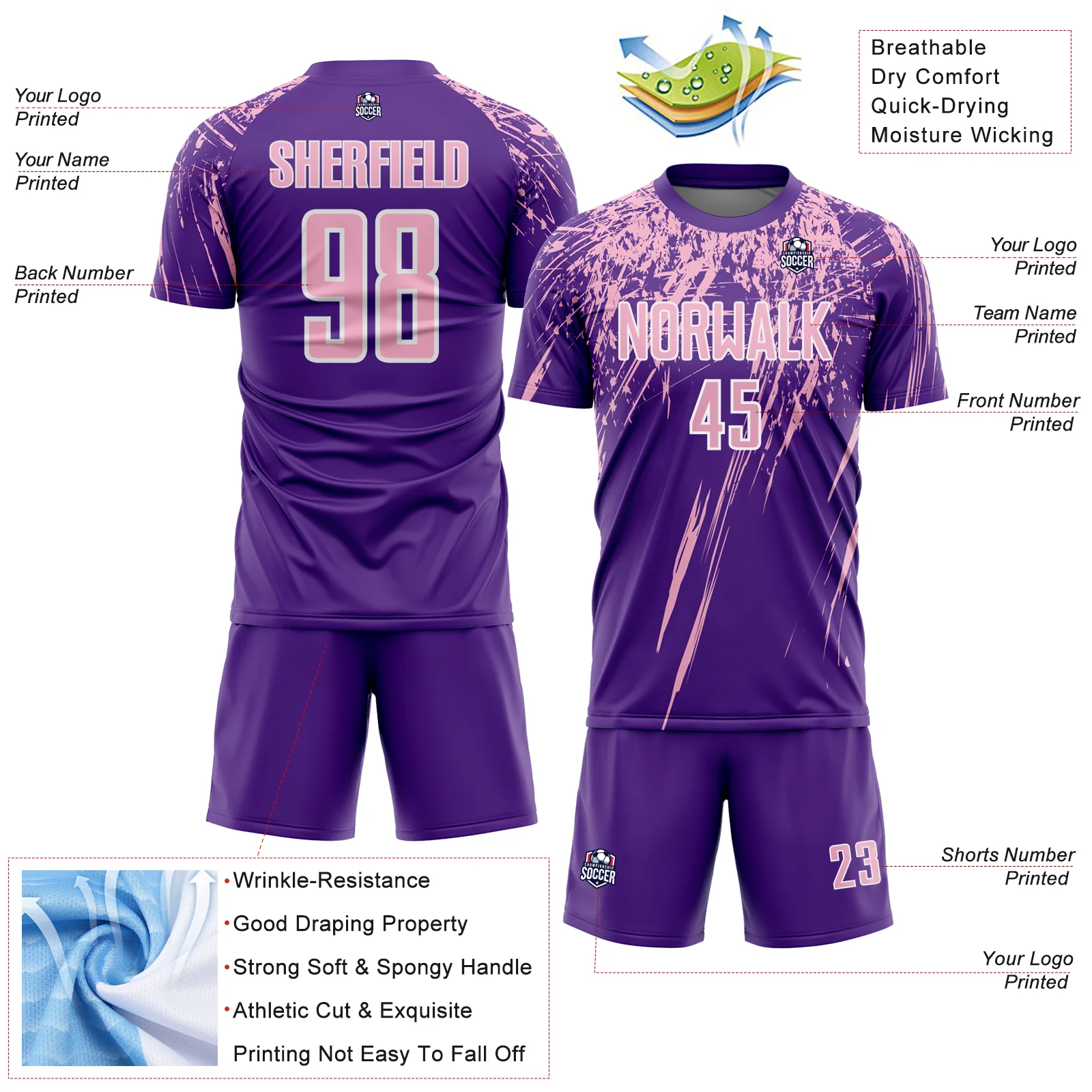 Custom Purple Light Pink-White Splash Sports Sublimation Soccer Uniform Jersey - Image 4