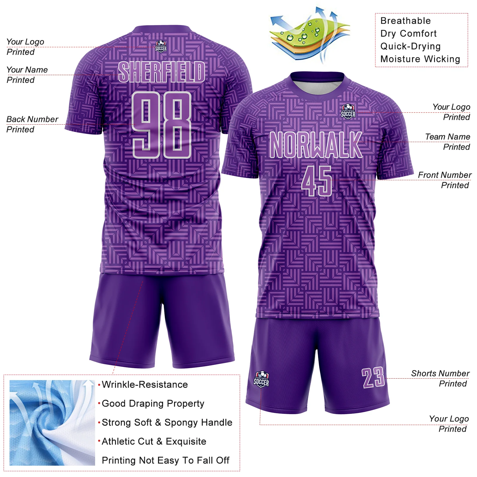 Custom Purple Medium Purple-White Geometric Maze Interlocking Square Sports Sublimation Soccer Uniform Jersey - Image 4