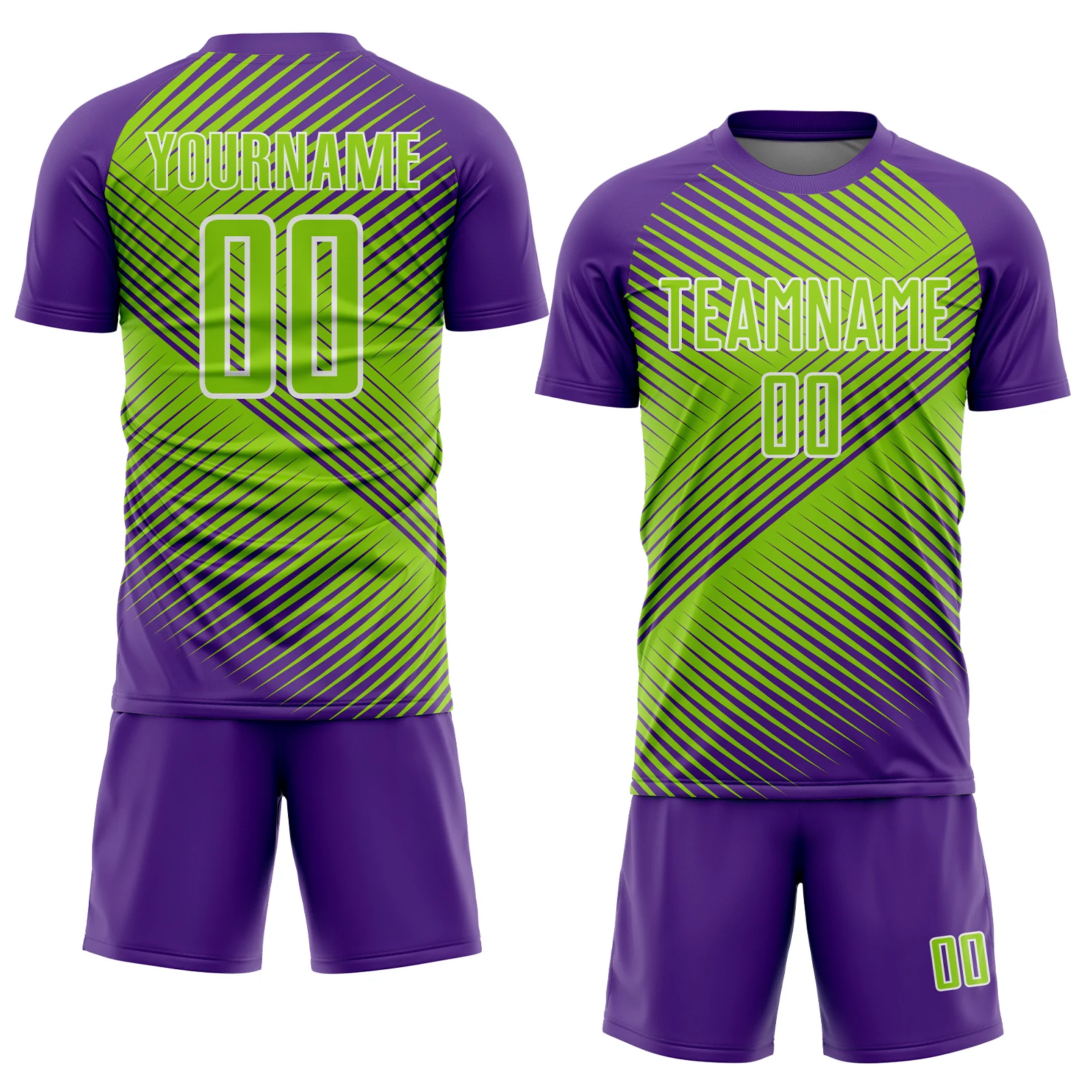 Custom Purple Neon Green-White Line Sublimation Soccer Uniform Jersey - Image 2