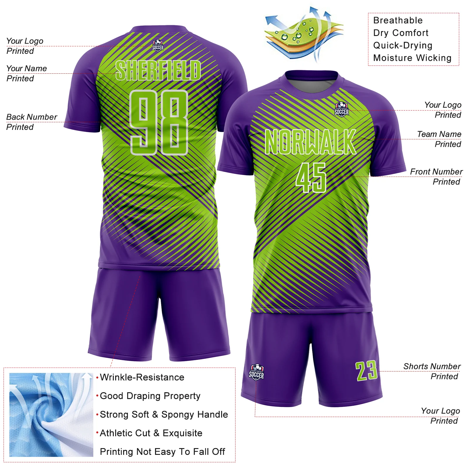 Custom Purple Neon Green-White Line Sublimation Soccer Uniform Jersey - Image 4