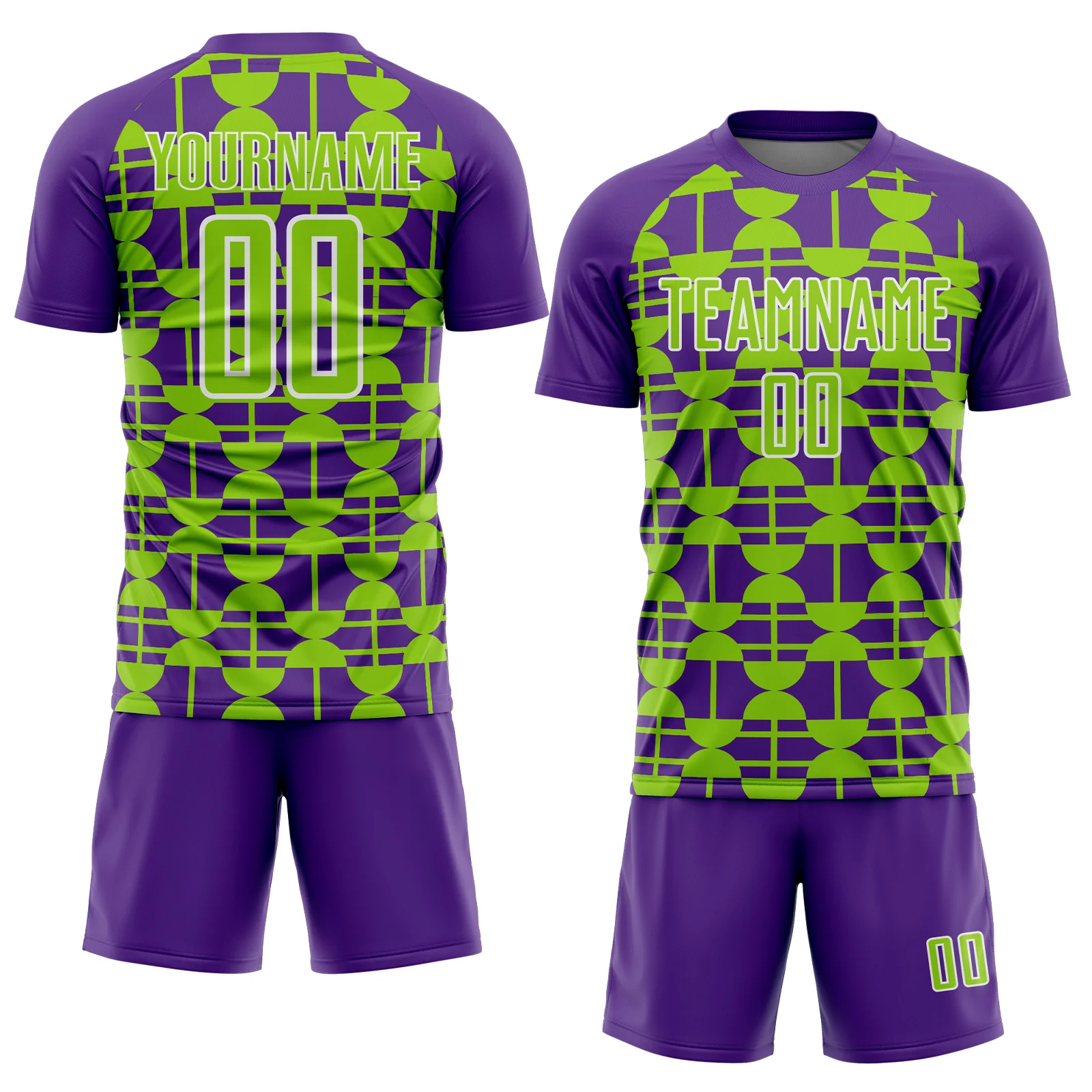 Custom Purple Neon Green-White Geometric Shapes Sports Sublimation Soccer Uniform Jersey - Image 2