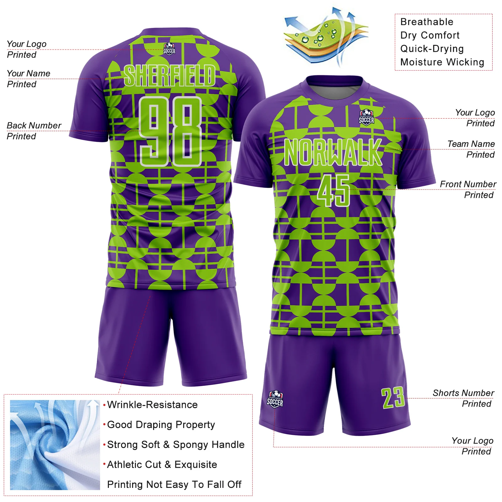 Custom Purple Neon Green-White Geometric Shapes Sports Sublimation Soccer Uniform Jersey - Image 4