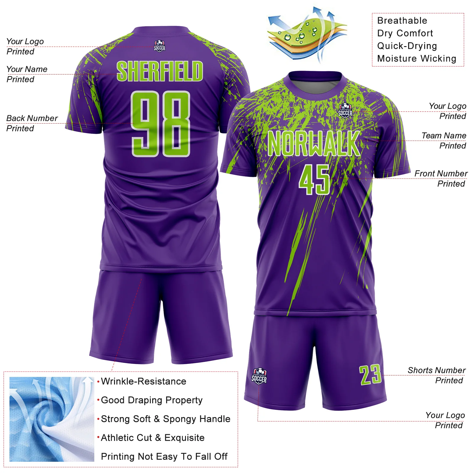 Custom Purple Neon Green-White Splash Sports Sublimation Soccer Uniform Jersey - Image 4