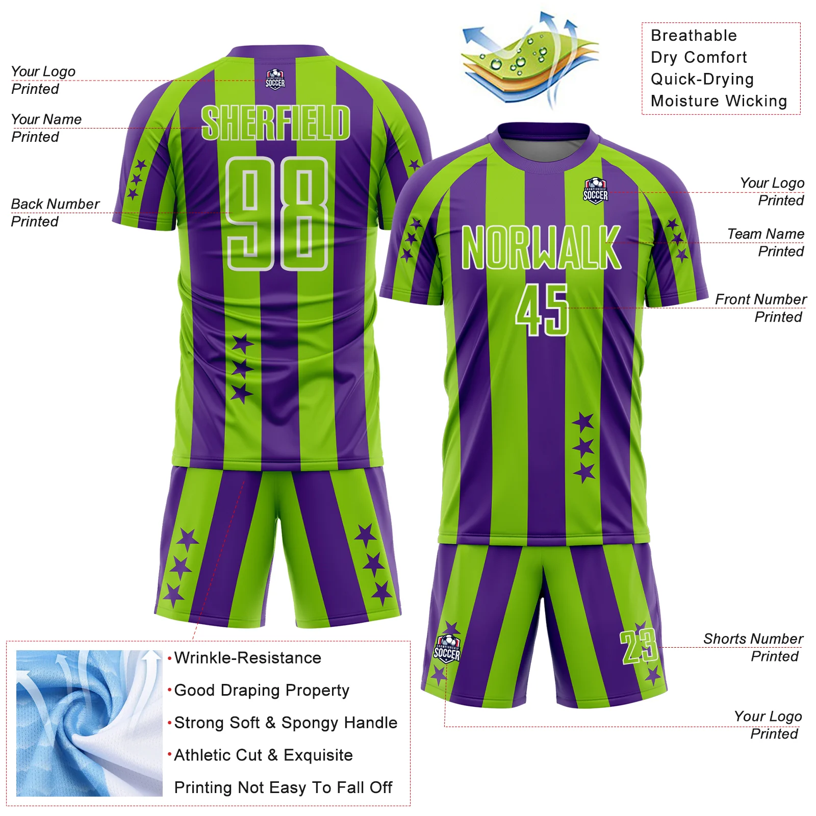 Custom Purple Neon Green-White Stars And Stripes Sports Sublimation Soccer Uniform Jersey - Image 4