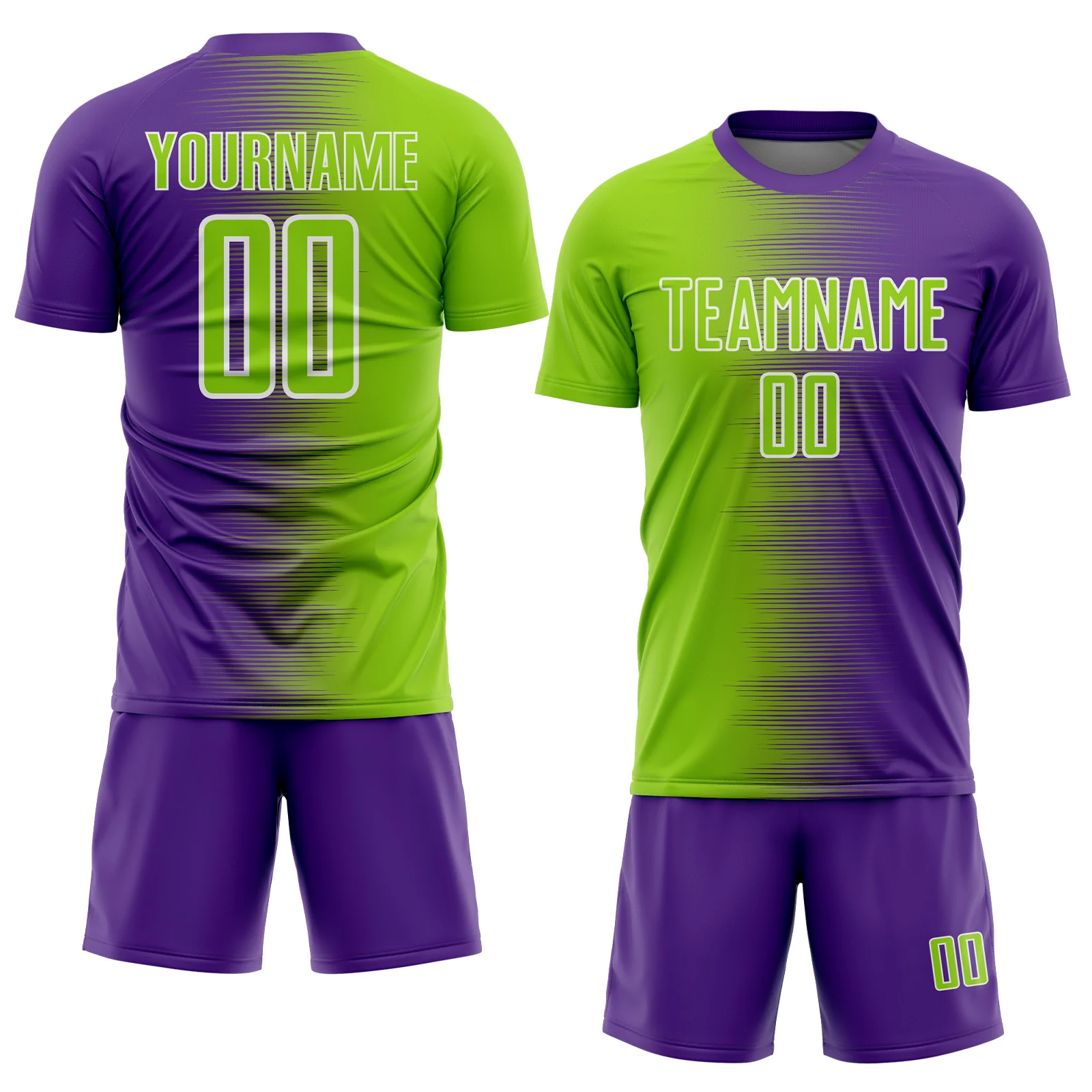 Custom Purple Neon Green-White Gradient Line Sublimation Soccer Uniform Jersey - Image 2