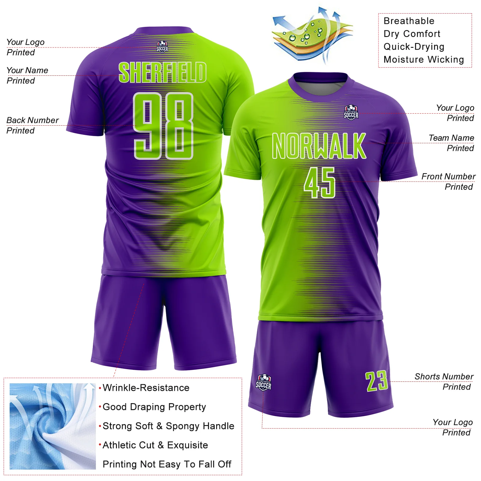 Custom Purple Neon Green-White Gradient Line Sublimation Soccer Uniform Jersey - Image 4