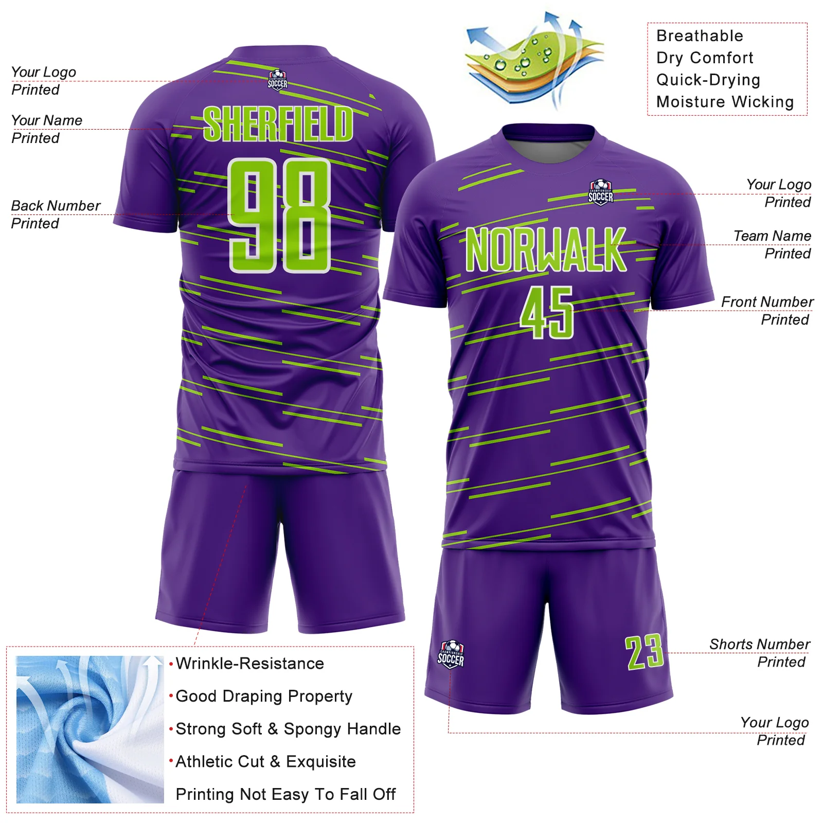 Custom Purple Neon Green-White Diagonal Pinstripes Lines Sports Sublimation Soccer Uniform Jersey - Image 4