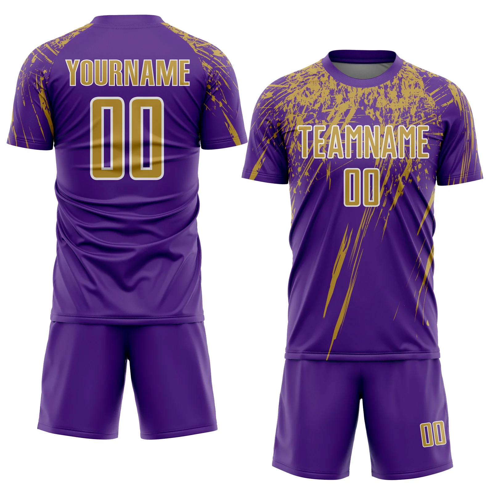 Custom Purple Old Gold-White Splash Sports Sublimation Soccer Uniform Jersey - Image 2