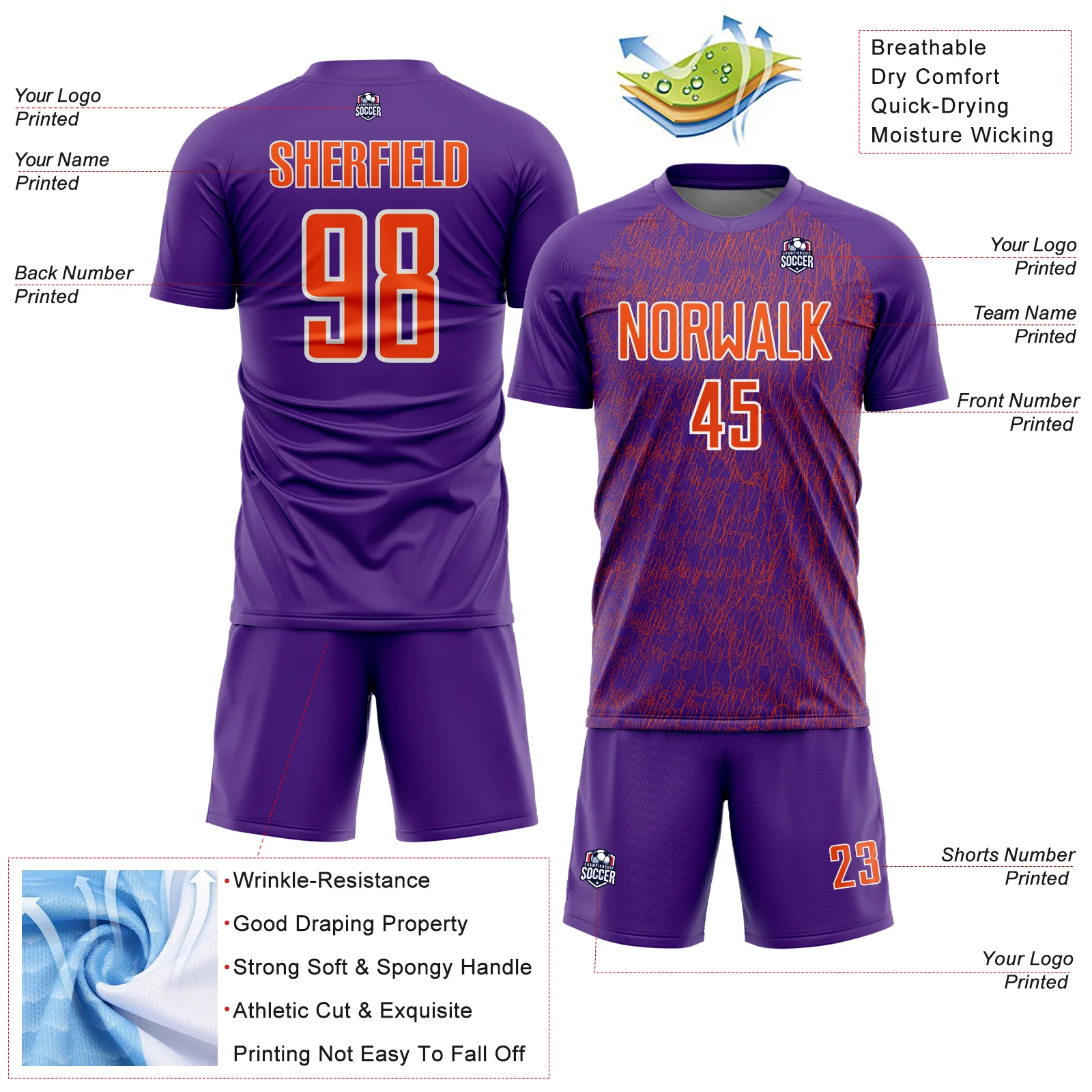 Custom Purple Orange-White Abstract Scribble Curve Line Pattern Sports Sublimation Soccer Uniform Jersey - Image 4