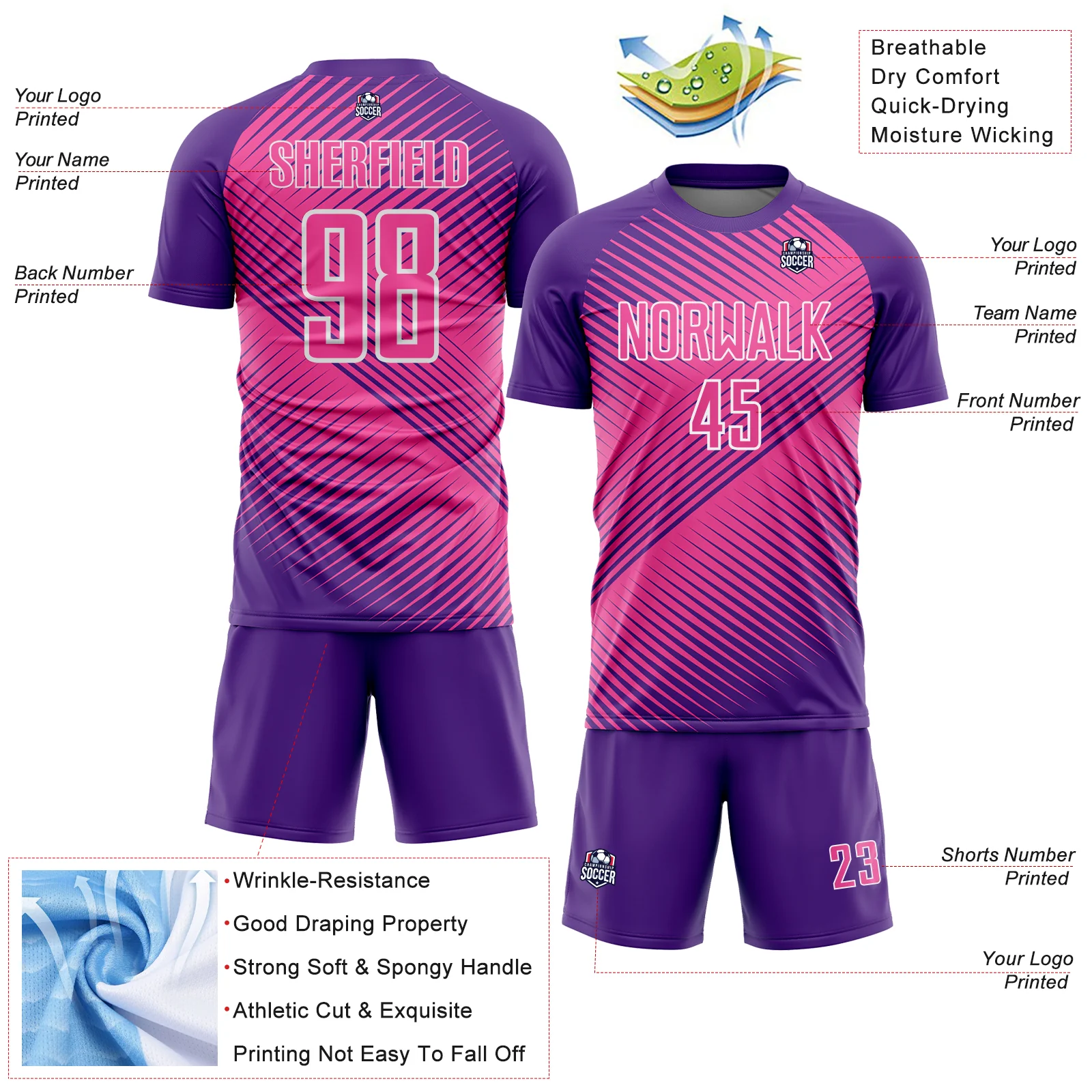 Custom Purple Pink-White Line Sublimation Soccer Uniform Jersey - Image 4