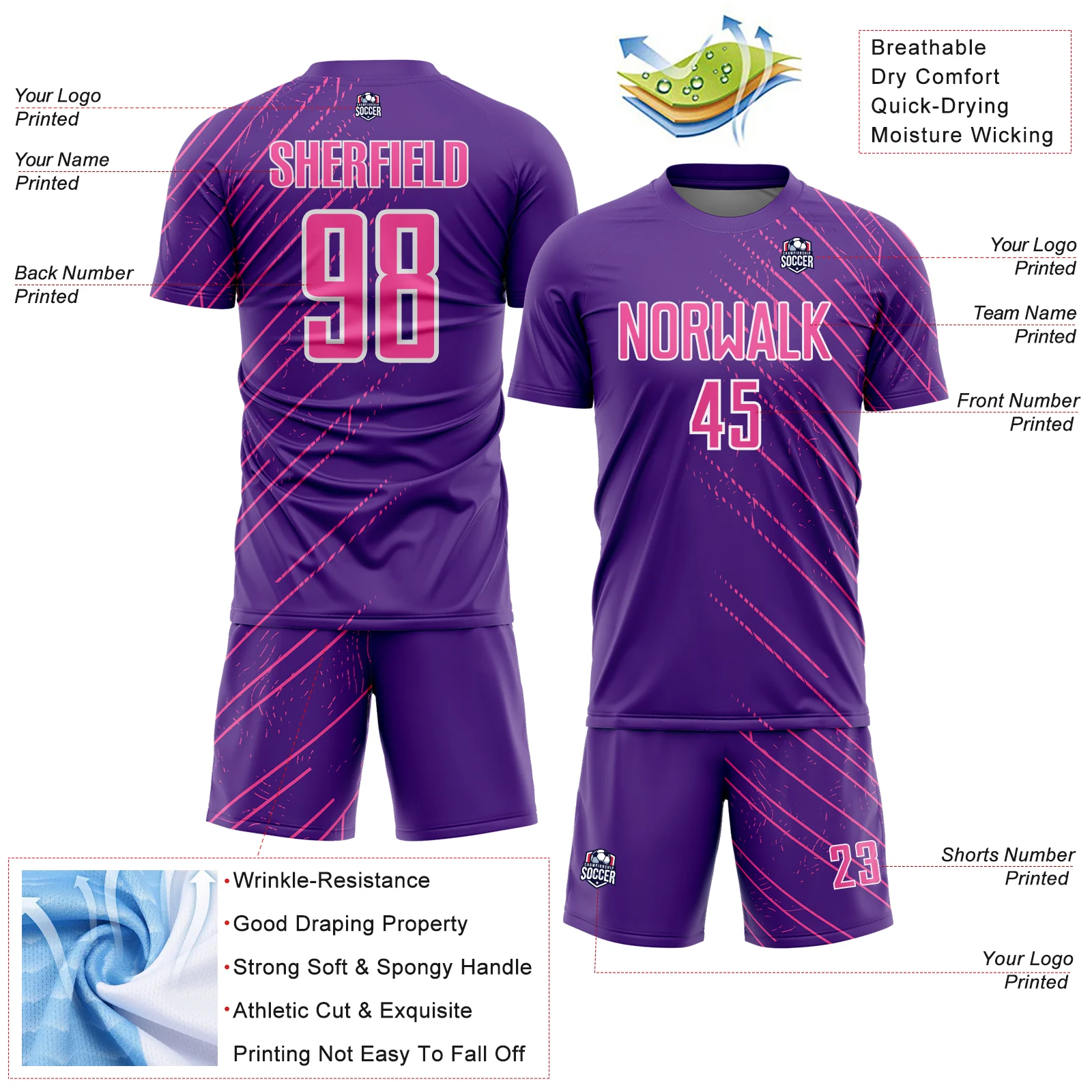 Custom Purple Pink-White Lines Sports Sublimation Soccer Uniform Jersey - Image 4