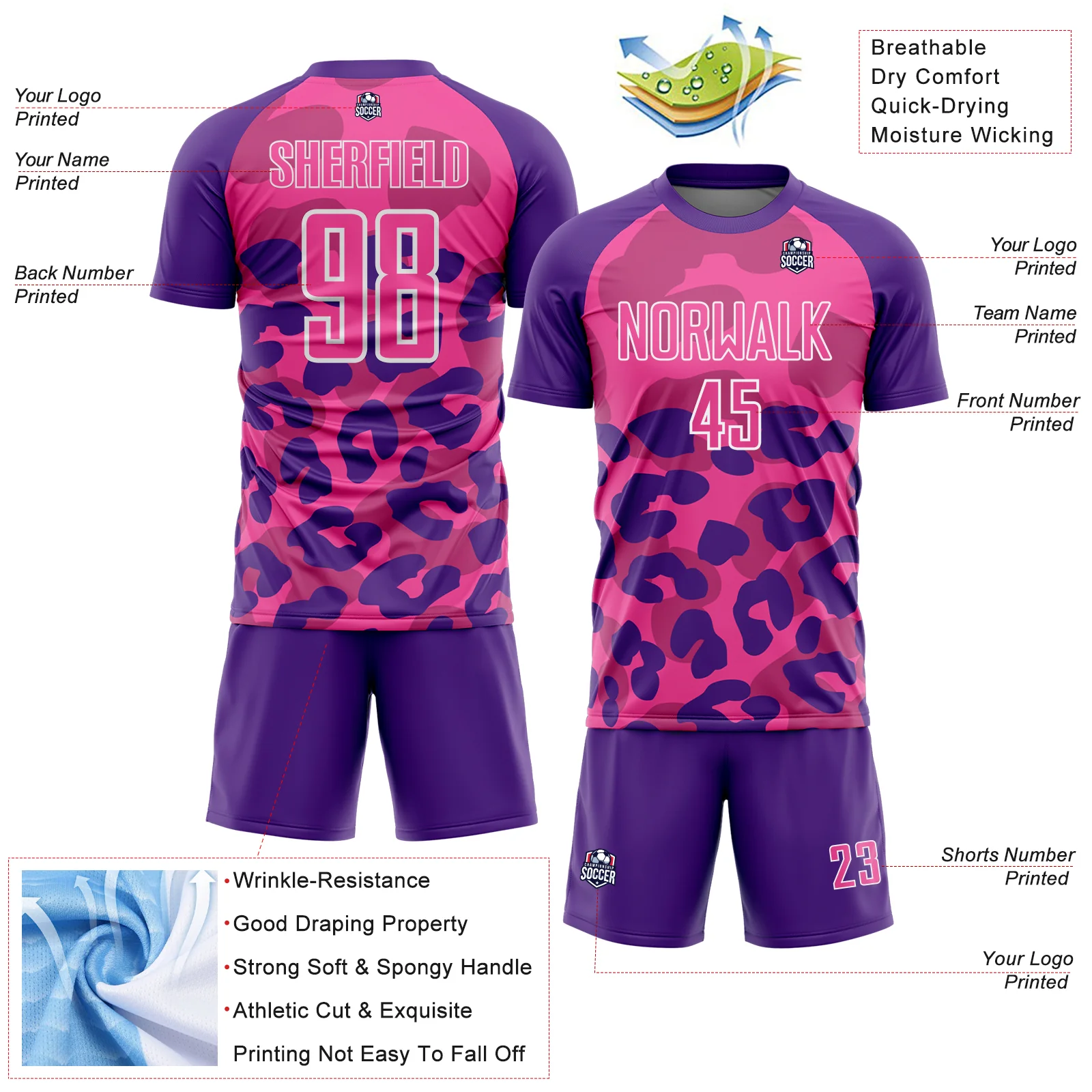 Custom Purple Pink-White Animal Leopard Print Sports Sublimation Soccer Uniform Jersey - Image 4