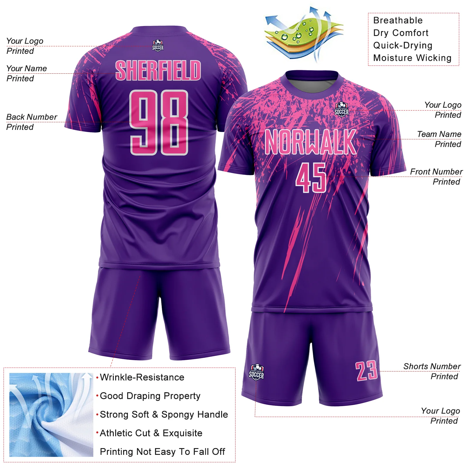 Custom Purple Pink-White Splash Sports Sublimation Soccer Uniform Jersey - Image 4